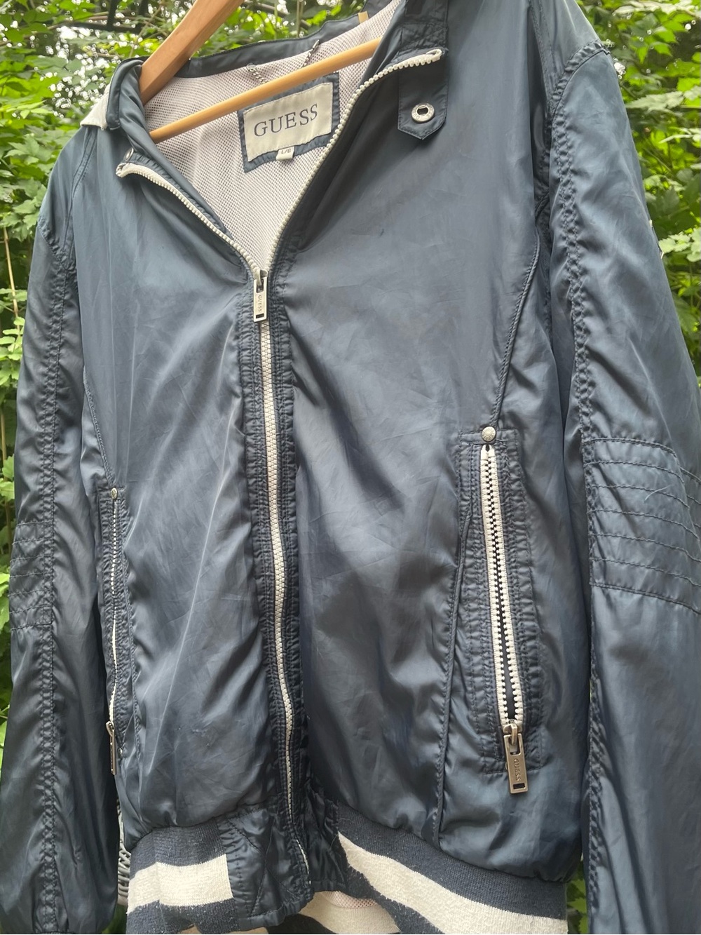 GUESS Navy Blue Nylon Bomber Windbreaker Jacket Detachable Hood Mens Large